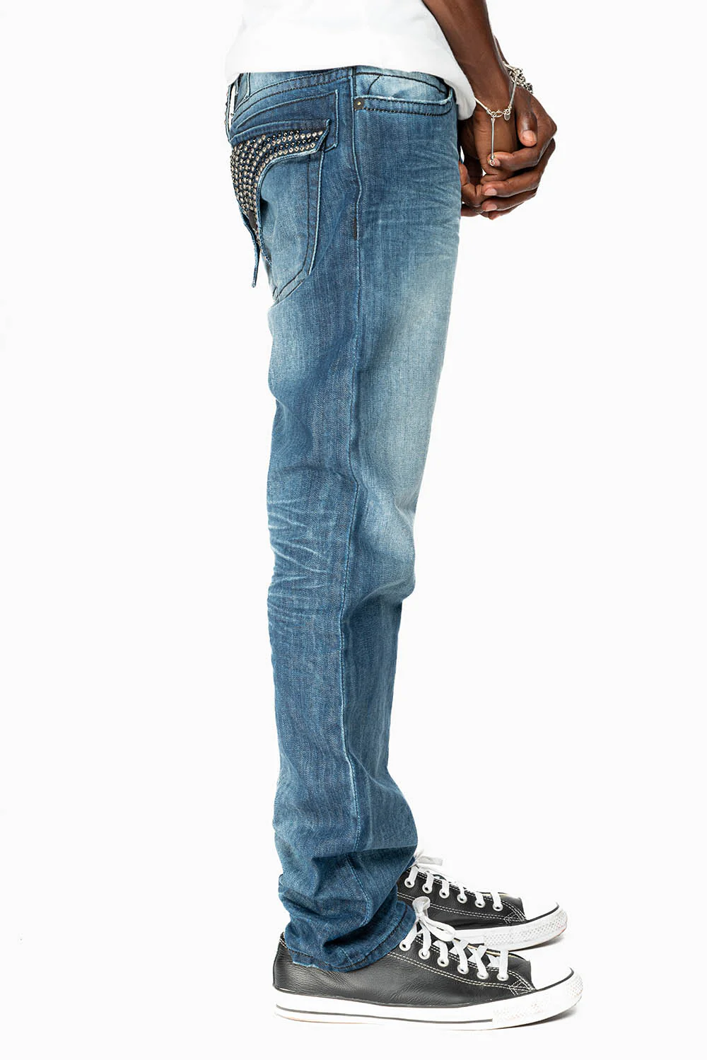 MENS LONG FLAP SLIM JEANS  EMBELLISHED WITH CRYSTALS IN OMAHA DARK WASH - Image 5