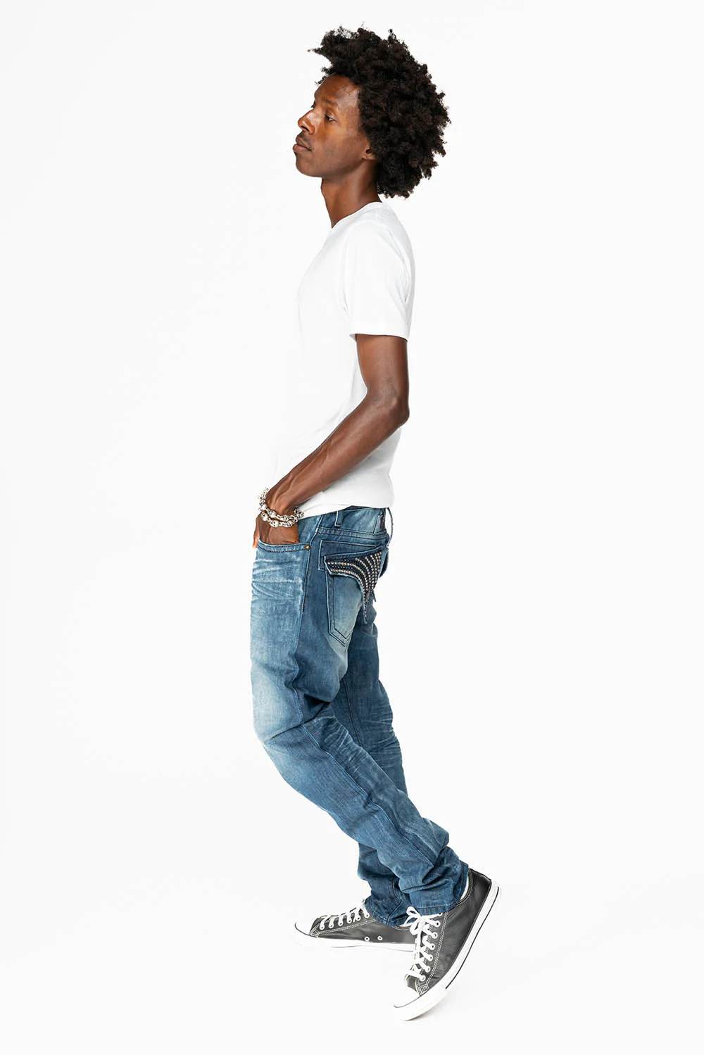 MENS LONG FLAP SLIM JEANS  EMBELLISHED WITH CRYSTALS IN OMAHA DARK WASH - Image 7