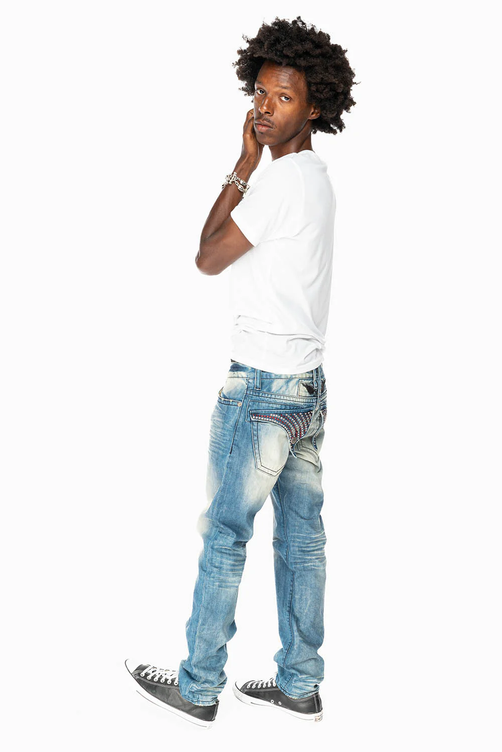 MENS LONG FLAP SLIM JEANS EMBELLISHED WITH CRYSTALS IN OMAHA TAN WASH - Image 7
