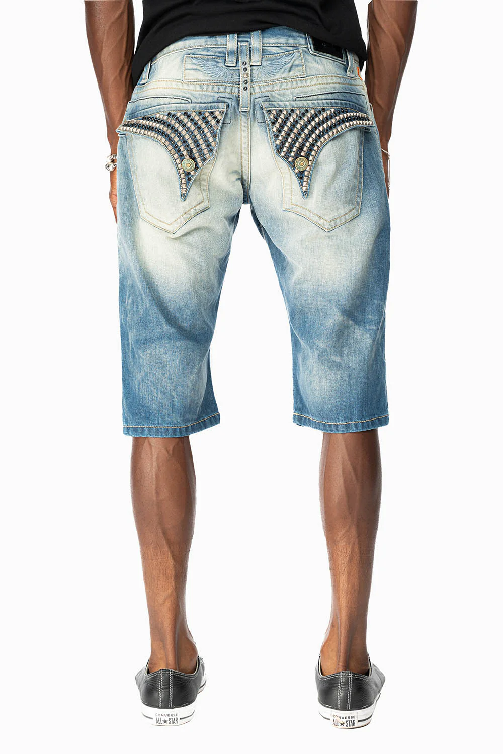 MENS SHORT WITH FLAP POCKETS IN OMAHA MEDIUM WASH WITH CRYSTALS AND  STUDS - Image 5