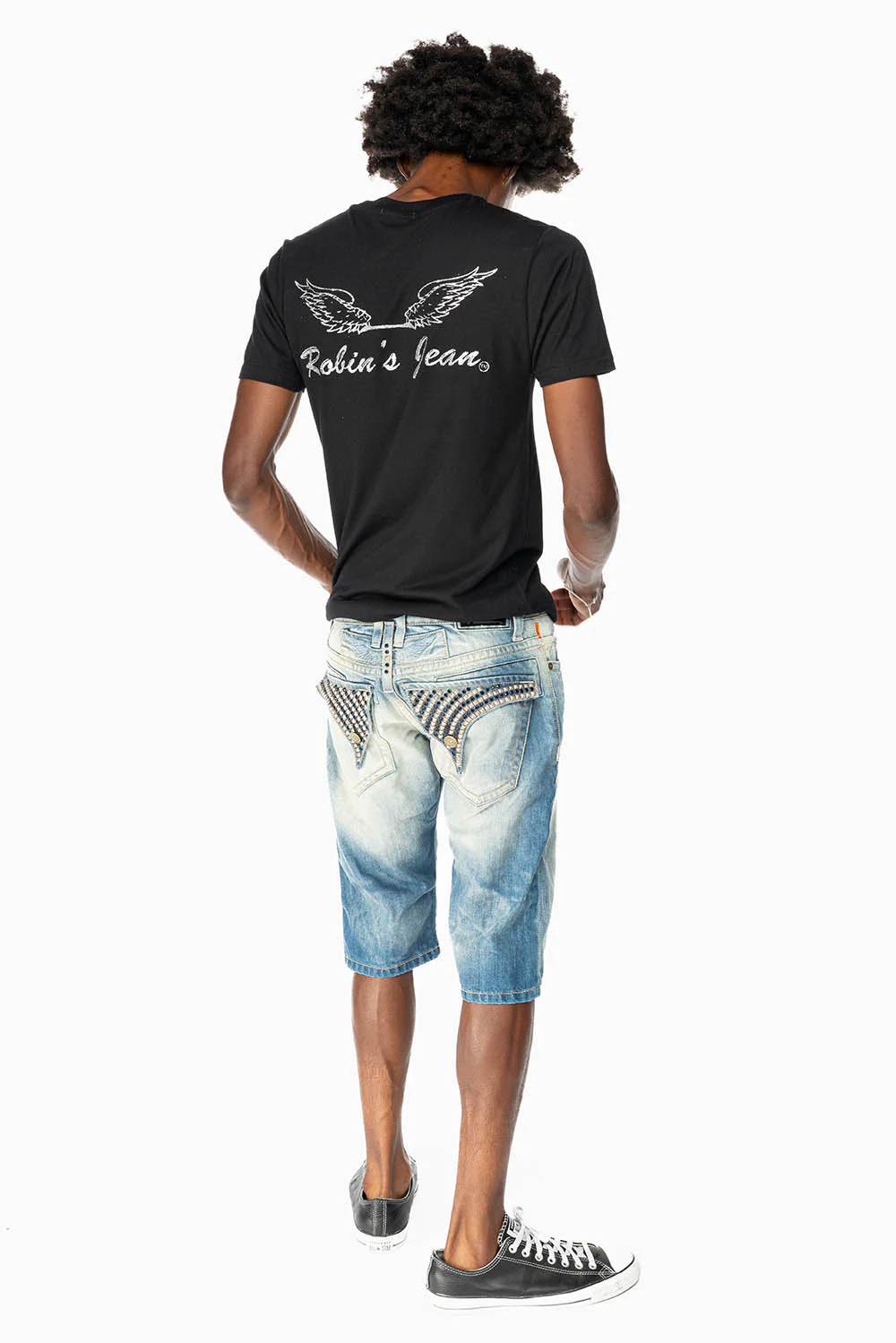 MENS SHORT WITH FLAP POCKETS IN OMAHA MEDIUM WASH WITH CRYSTALS AND  STUDS - Image 8