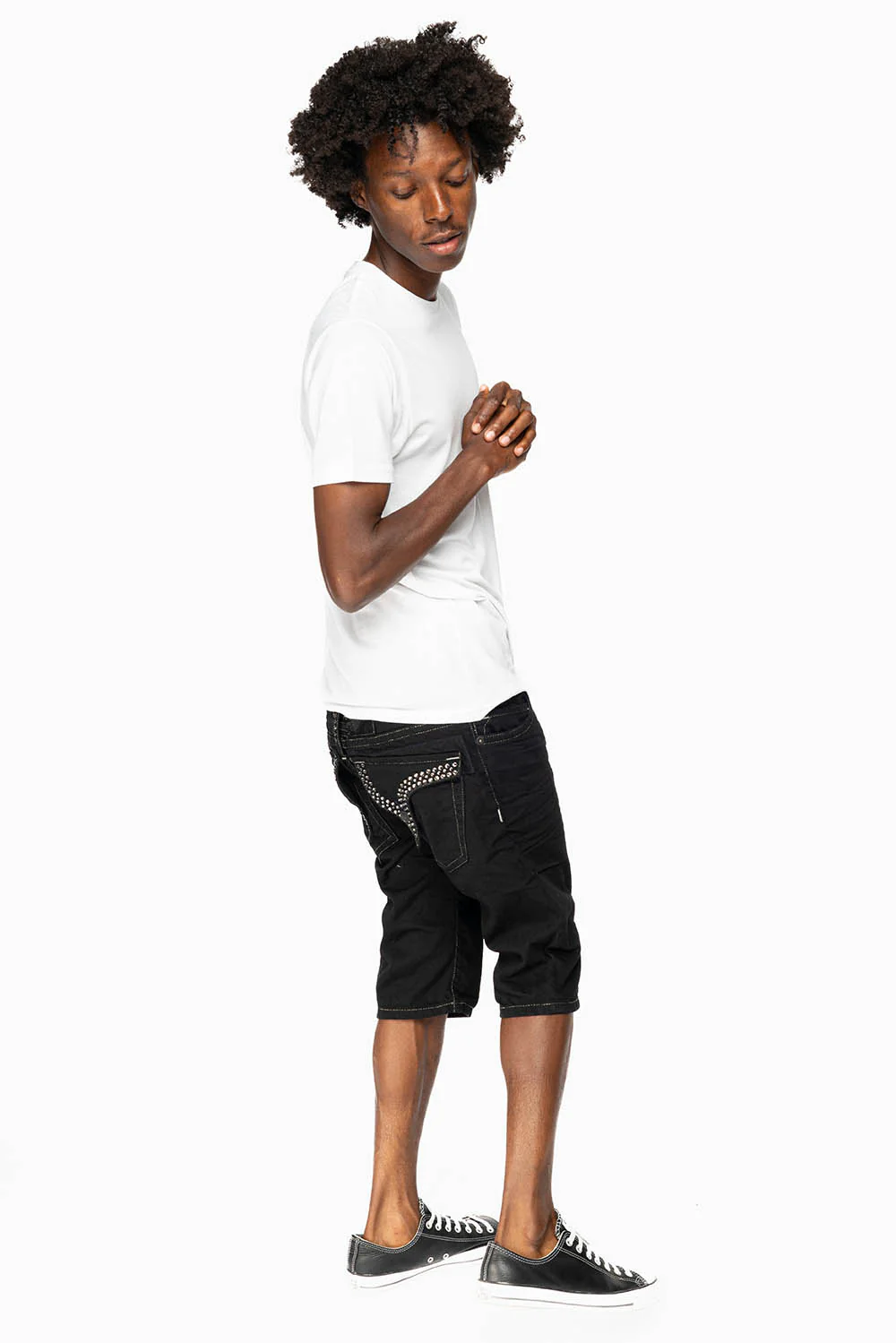 MENS SHORTS WITH  FLAP POCKETS IN PURE BLK WASH WITH BLK DIAMOND CRYSTALS - Image 3