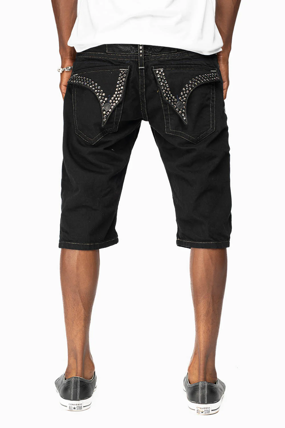MENS SHORTS WITH  FLAP POCKETS IN PURE BLK WASH WITH BLK DIAMOND CRYSTALS - Image 5