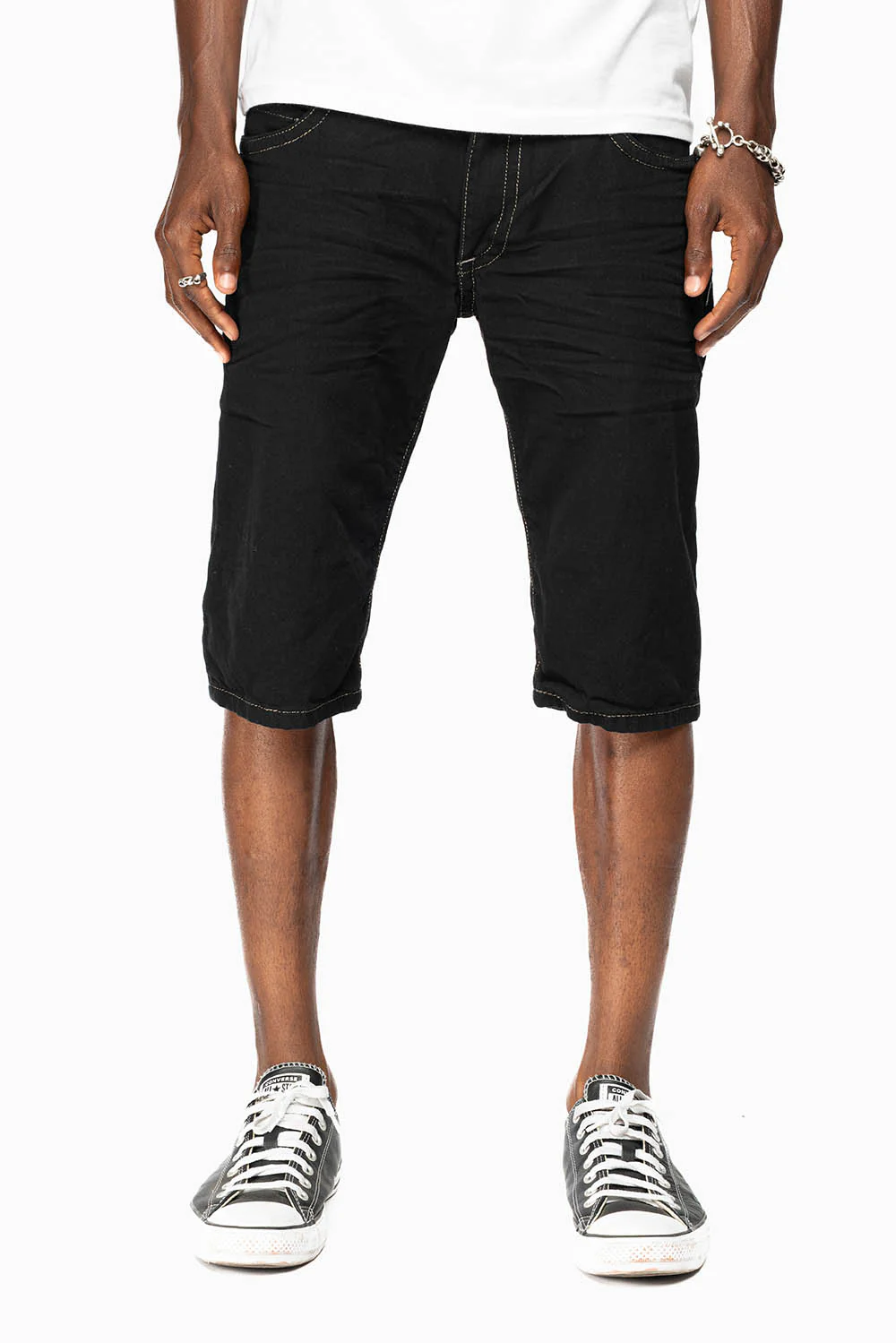 MENS SHORTS WITH  FLAP POCKETS IN PURE BLK WASH WITH BLK DIAMOND CRYSTALS - Image 7