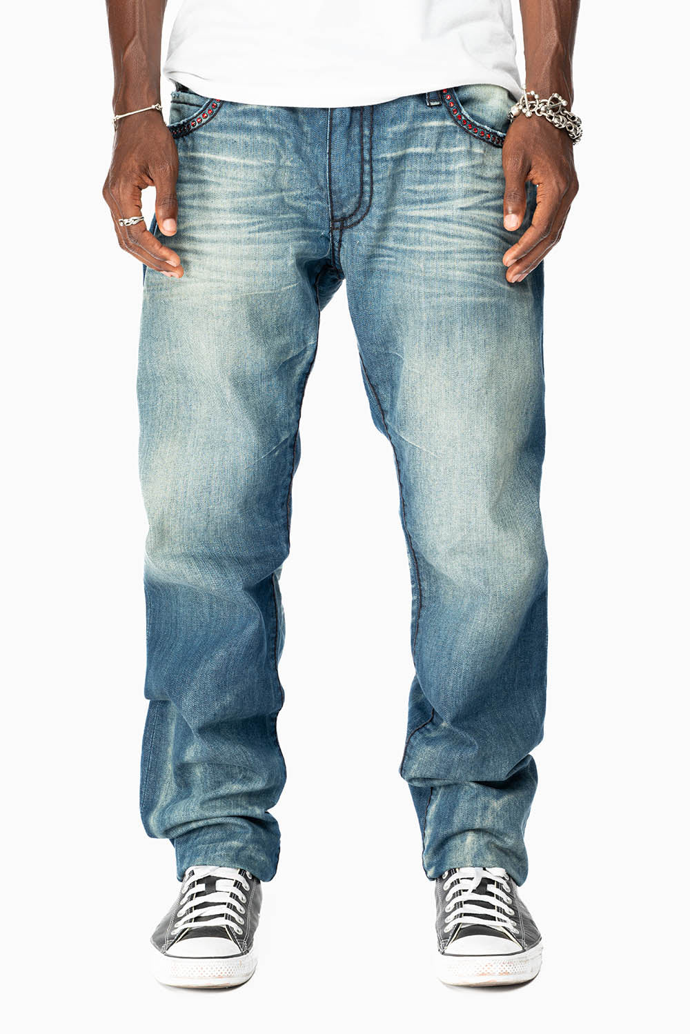 ROBIN'S SLIM FIT JEANS IN OMAHA GASOLINE WASH WITH HEAVY STITCHING EMBELLISHED WITH RED CRYSTALS - Image 3