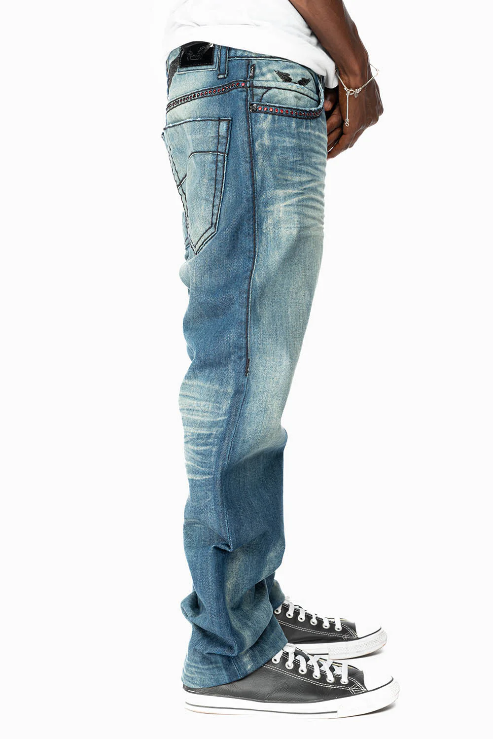 ROBIN'S SLIM FIT JEANS IN OMAHA GASOLINE WASH WITH HEAVY STITCHING EMBELLISHED WITH RED CRYSTALS - Image 4