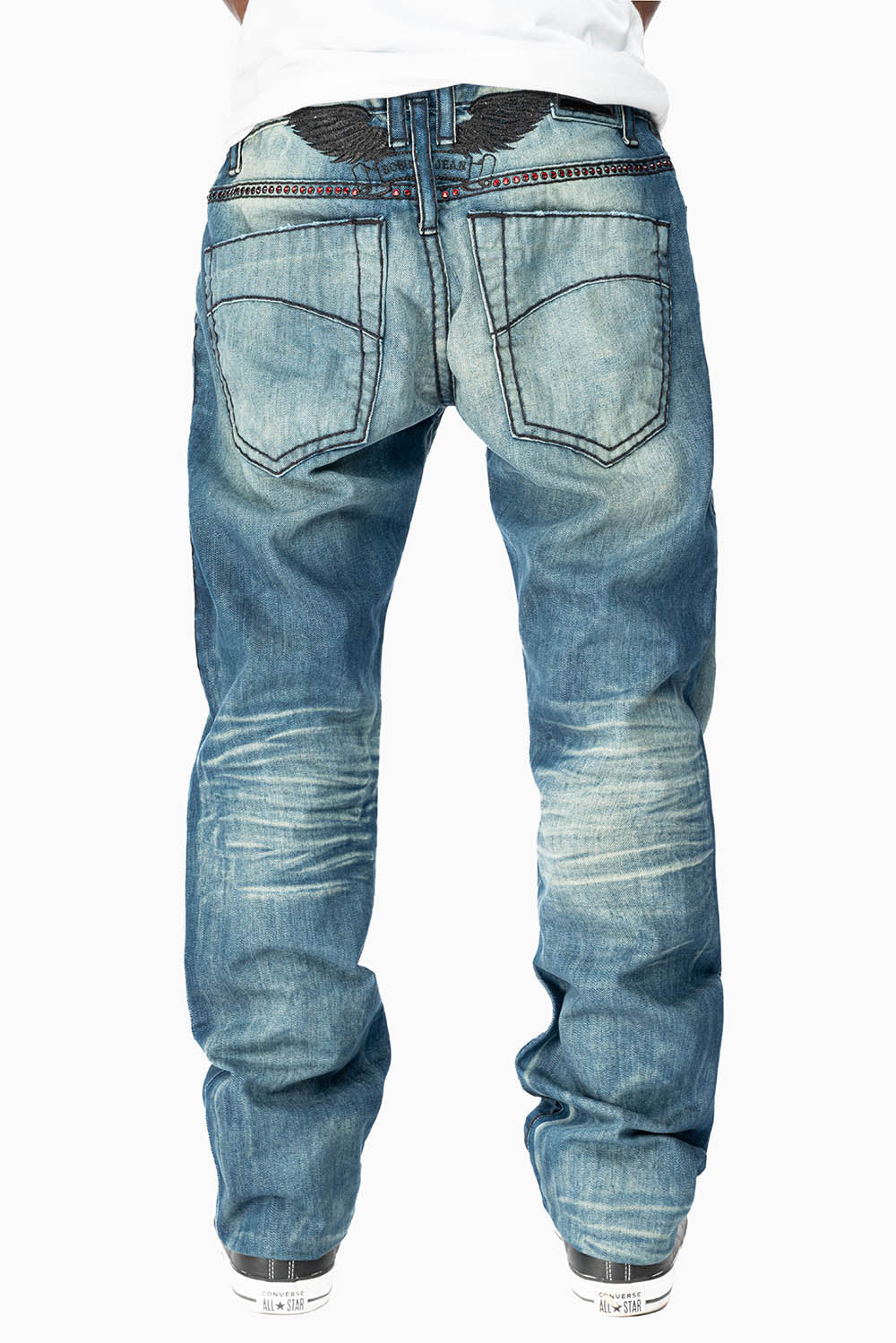 ROBIN'S SLIM FIT JEANS IN OMAHA GASOLINE WASH WITH HEAVY STITCHING EMBELLISHED WITH RED CRYSTALS - Image 5