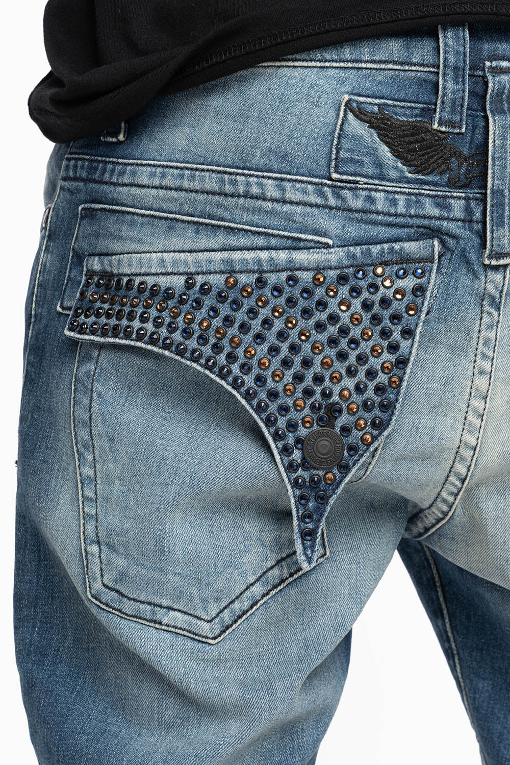 LONG FLAP MENS SKINNY JEANS IN ALBANY DARK BROKEN WASH WITH MONTANA BLUE AND SMOKY TOPAZ CRYSTALS - Image 2