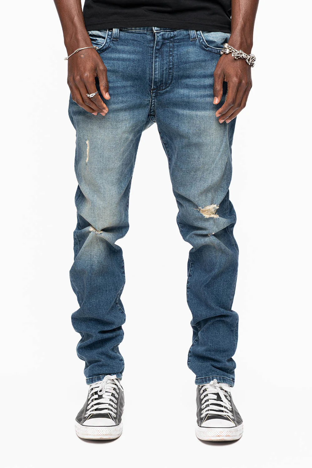 LONG FLAP MENS SKINNY JEANS IN ALBANY DARK BROKEN WASH WITH MONTANA BLUE AND SMOKY TOPAZ CRYSTALS - Image 4