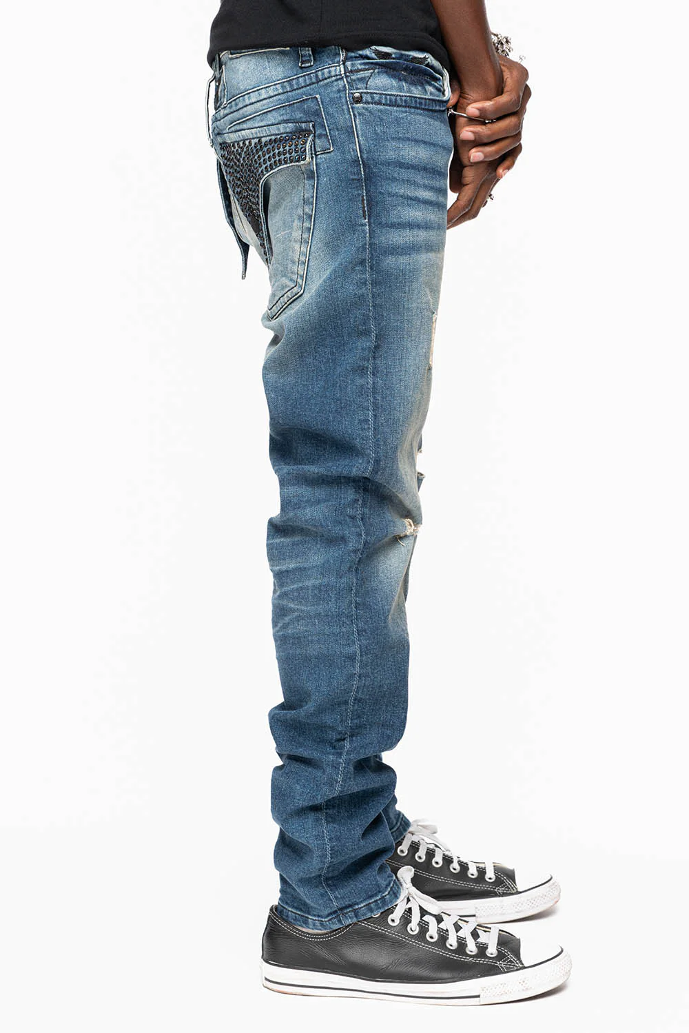 LONG FLAP MENS SKINNY JEANS IN ALBANY DARK BROKEN WASH WITH MONTANA BLUE AND SMOKY TOPAZ CRYSTALS - Image 5