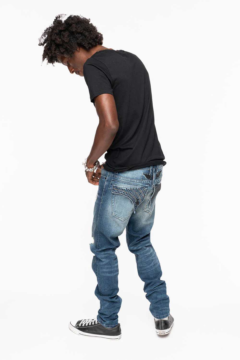 LONG FLAP MENS SKINNY JEANS IN ALBANY DARK BROKEN WASH WITH MONTANA BLUE AND SMOKY TOPAZ CRYSTALS - Image 6