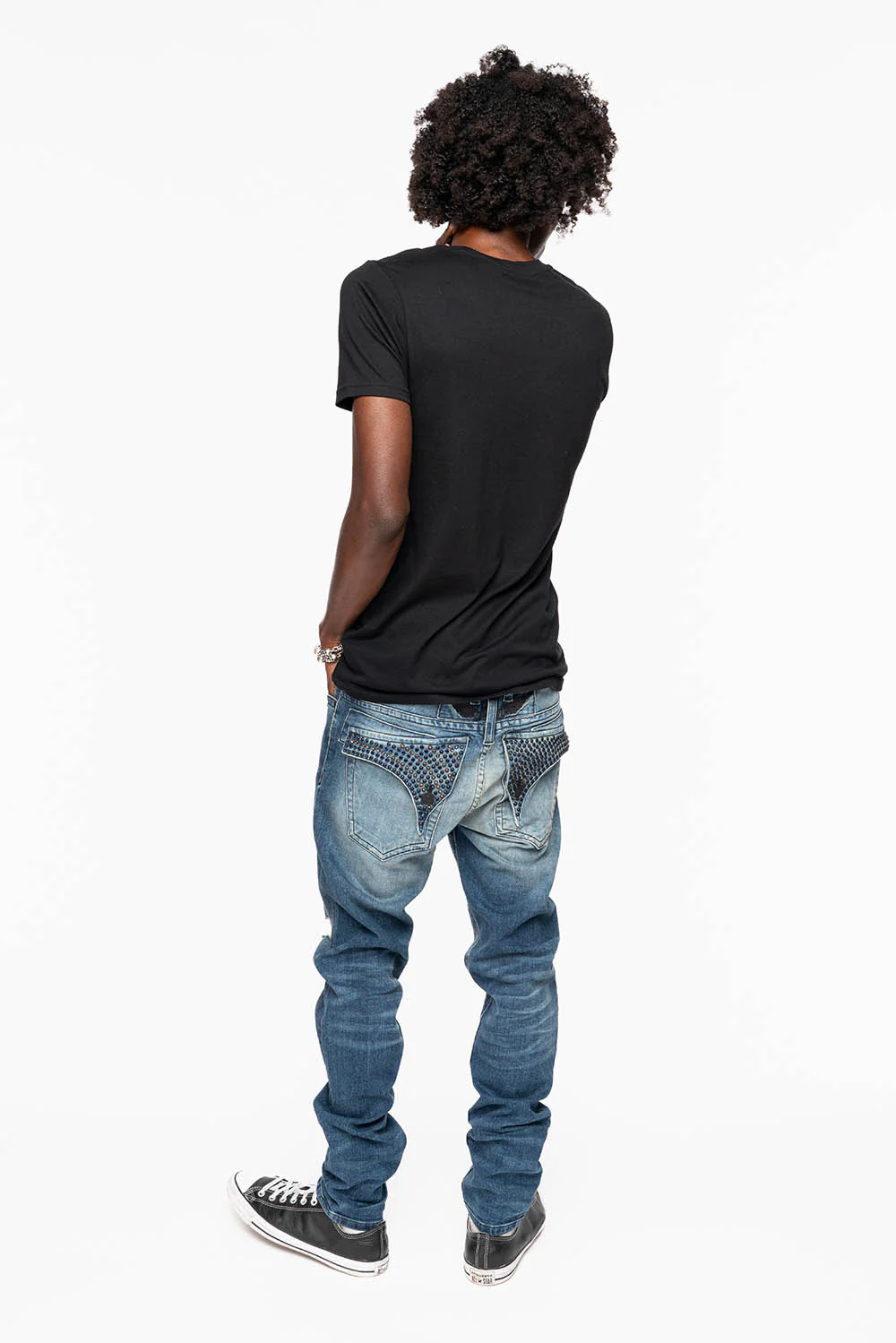 LONG FLAP MENS SKINNY JEANS IN ALBANY DARK BROKEN WASH WITH MONTANA BLUE AND SMOKY TOPAZ CRYSTALS - Image 8