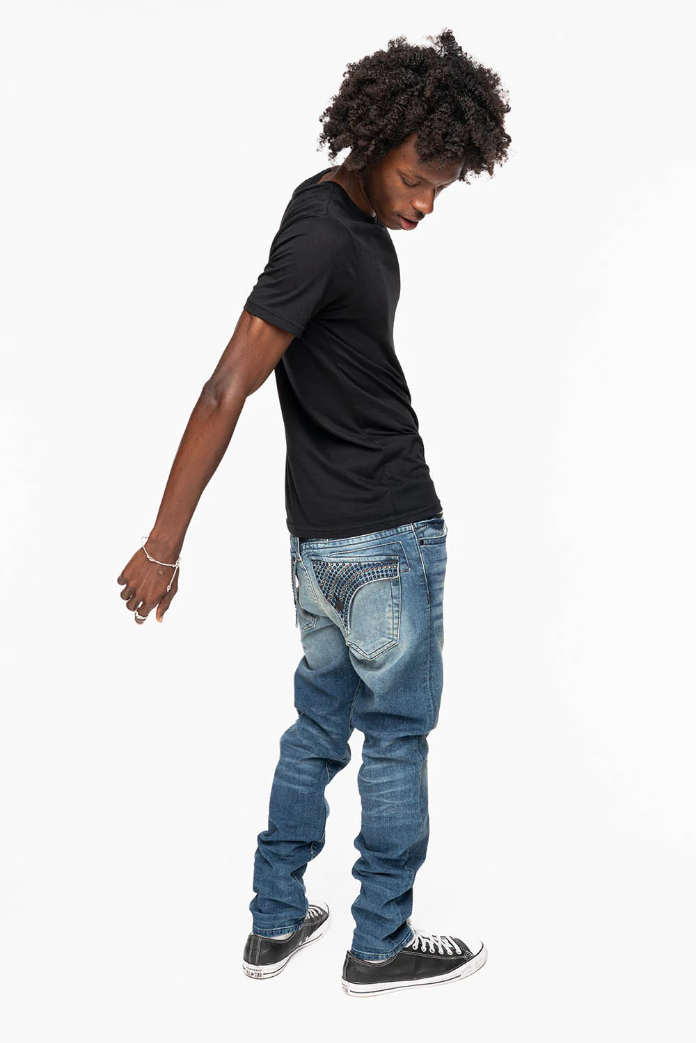 LONG FLAP MENS SKINNY JEANS IN ALBANY DARK BROKEN WASH WITH MONTANA BLUE AND SMOKY TOPAZ CRYSTALS - Image 9