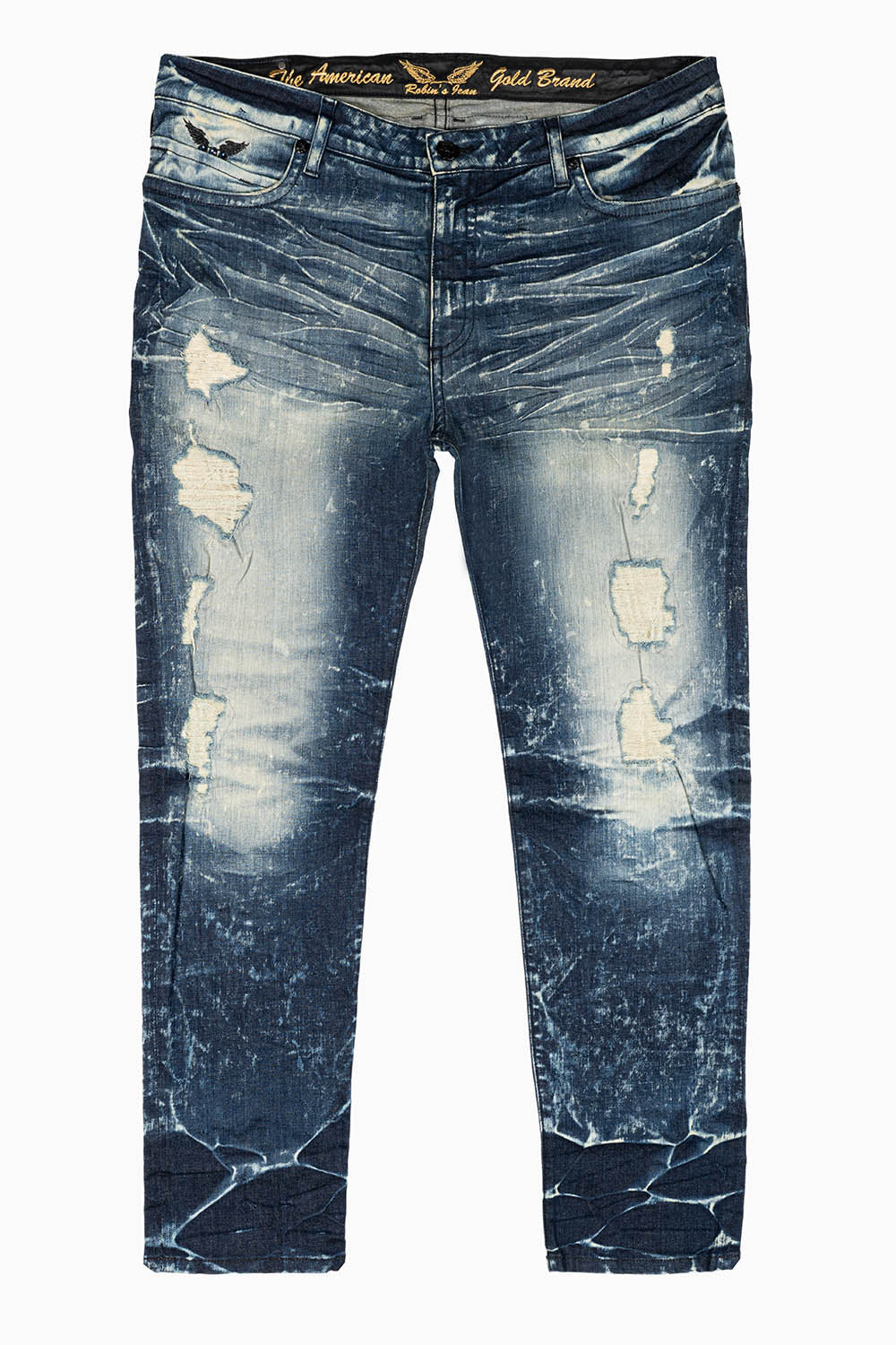 LONG FLAP MENS SKINNY JEANS IN BLUE 5D DARK BROKEN WASH WITH MONTANA BLUE CRYSTALS - Image 3