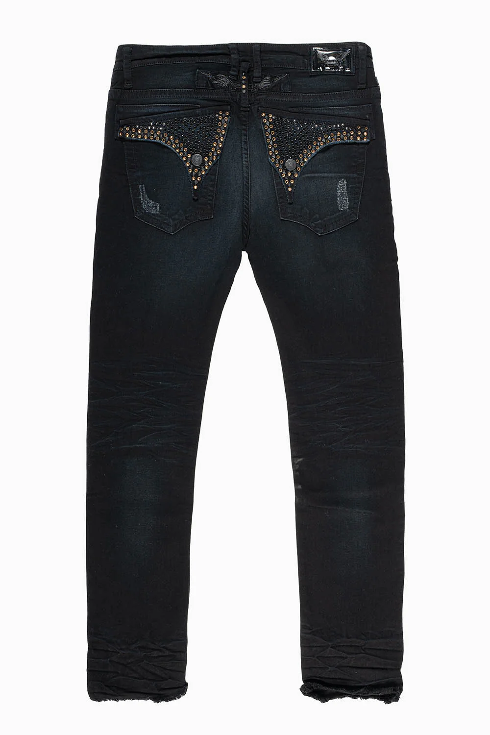 LONG FLAP MENS SKINNY JEANS IN FU-P BLACK BROKEN WASH WITH CRYSTALS AND STUDS