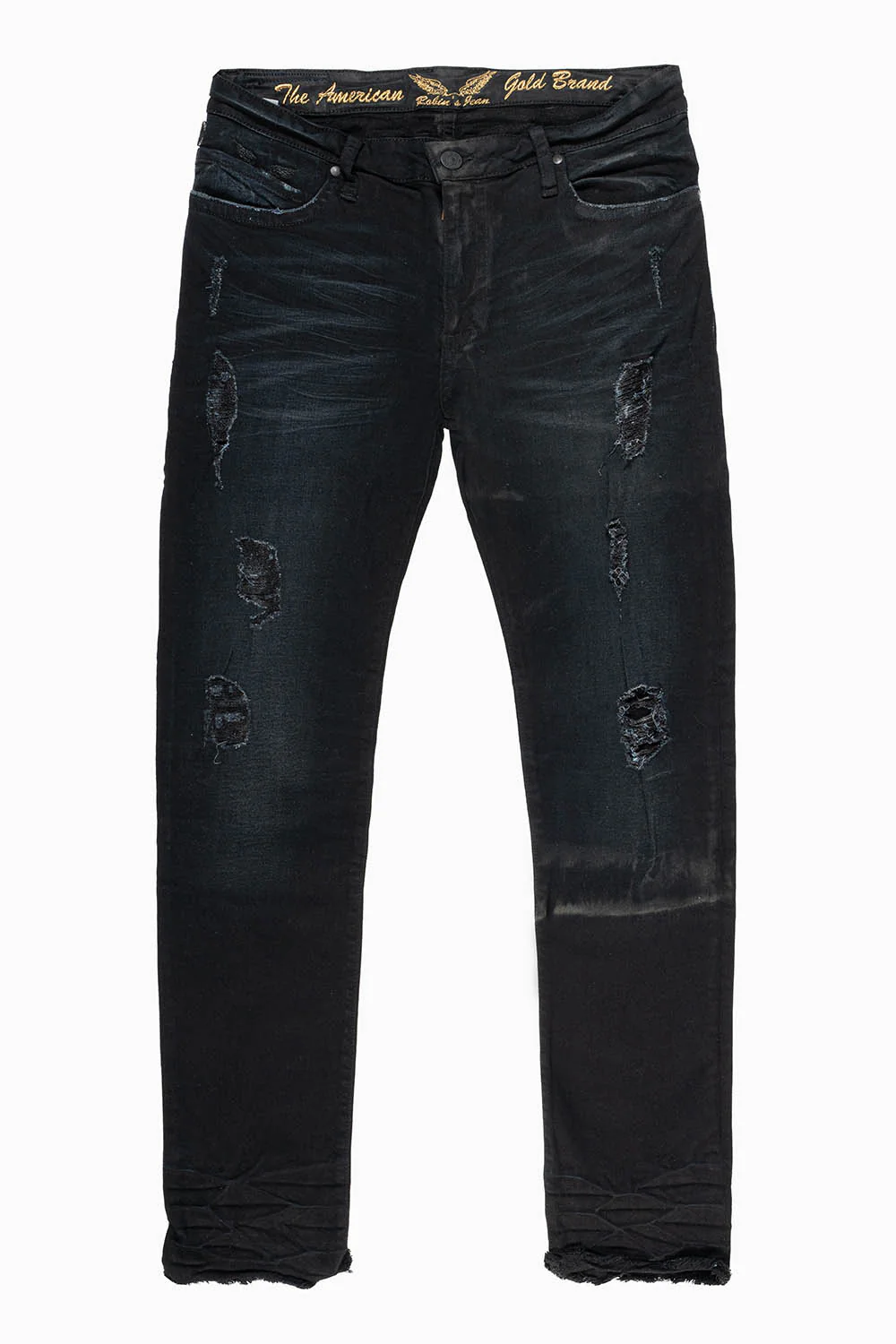 LONG FLAP MENS SKINNY JEANS IN FU-P BLACK BROKEN WASH WITH CRYSTALS AND STUDS - Image 2