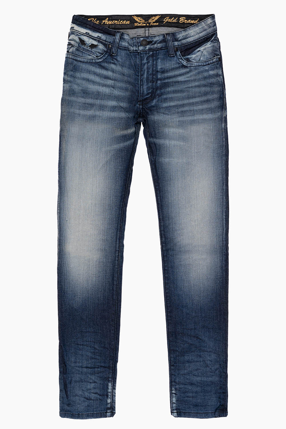LONG FLAP MENS SLIM JEANS IN BLUE LEYTON DARK WASH WITH FULL FLAP CRYSTALS - Image 2