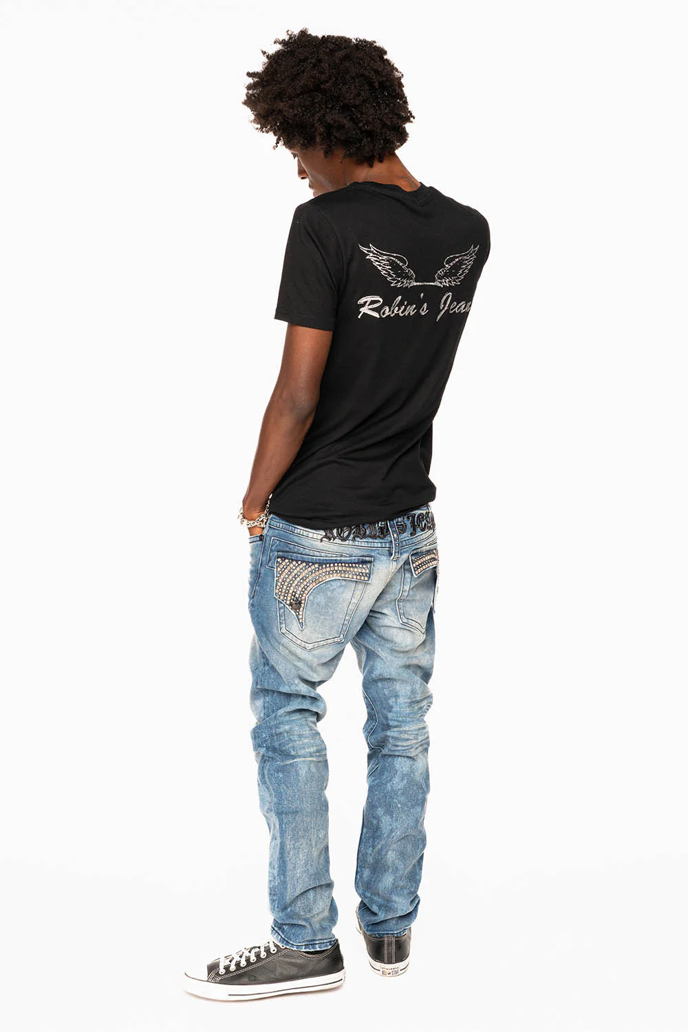 LONG FLAP SKINNY JEANS IN CRYSTAL BLUE WASH WITH STUDS AND CRYSTALS - Image 2