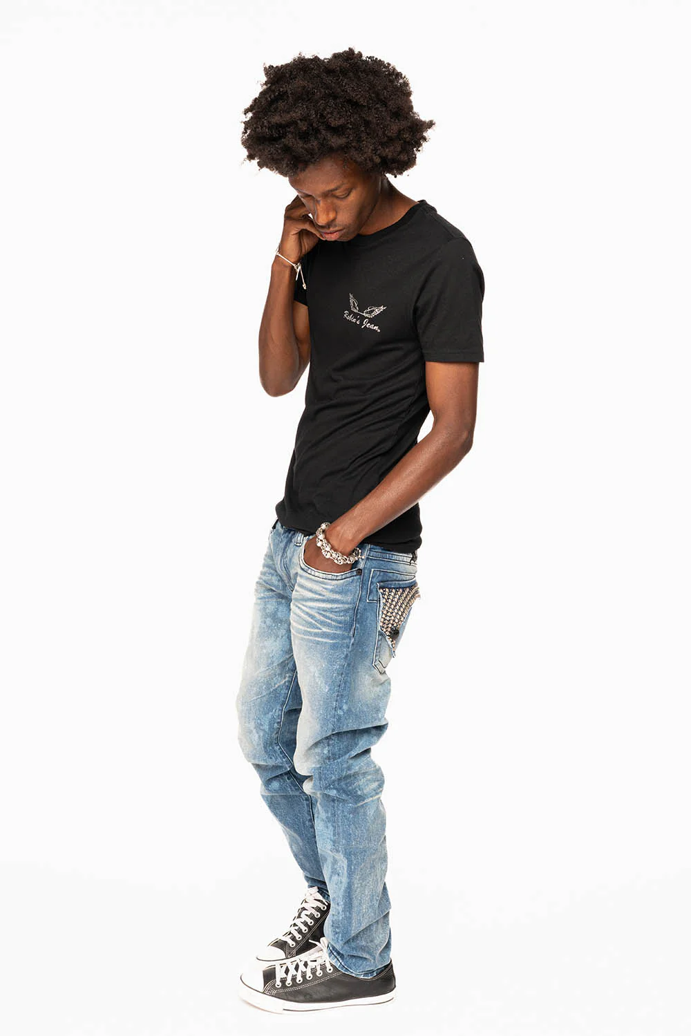 LONG FLAP SKINNY JEANS IN CRYSTAL BLUE WASH WITH STUDS AND CRYSTALS - Image 4