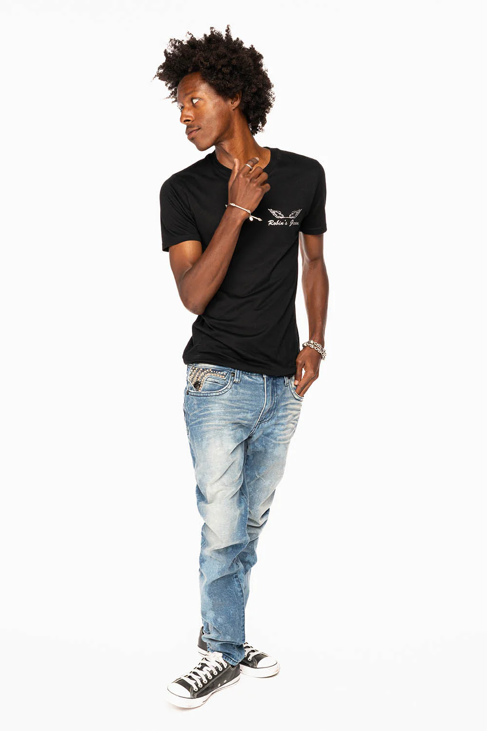 LONG FLAP SKINNY JEANS IN CRYSTAL BLUE WASH WITH STUDS AND CRYSTALS - Image 5