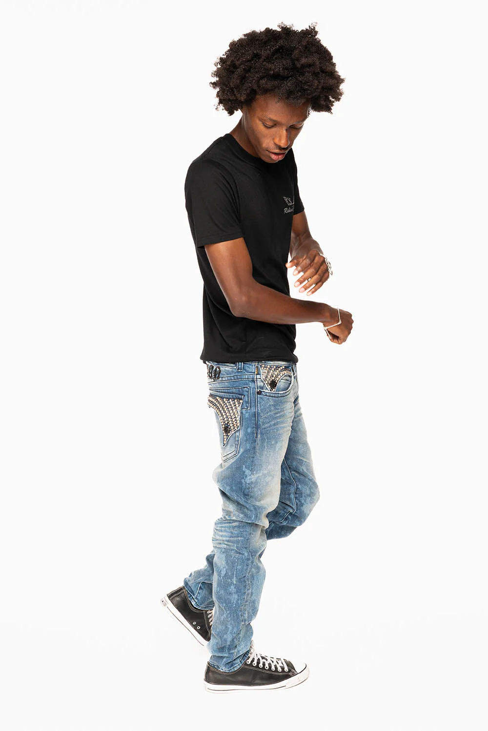 LONG FLAP SKINNY JEANS IN CRYSTAL BLUE WASH WITH STUDS AND CRYSTALS - Image 6