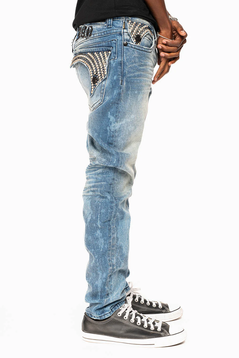 LONG FLAP SKINNY JEANS IN CRYSTAL BLUE WASH WITH STUDS AND CRYSTALS - Image 7