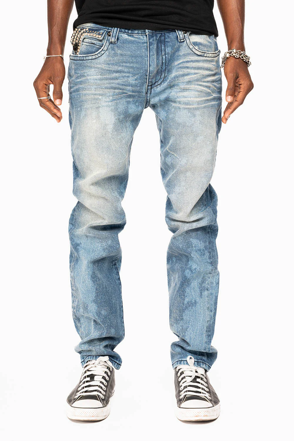 LONG FLAP SKINNY JEANS IN CRYSTAL BLUE WASH WITH STUDS AND CRYSTALS - Image 8