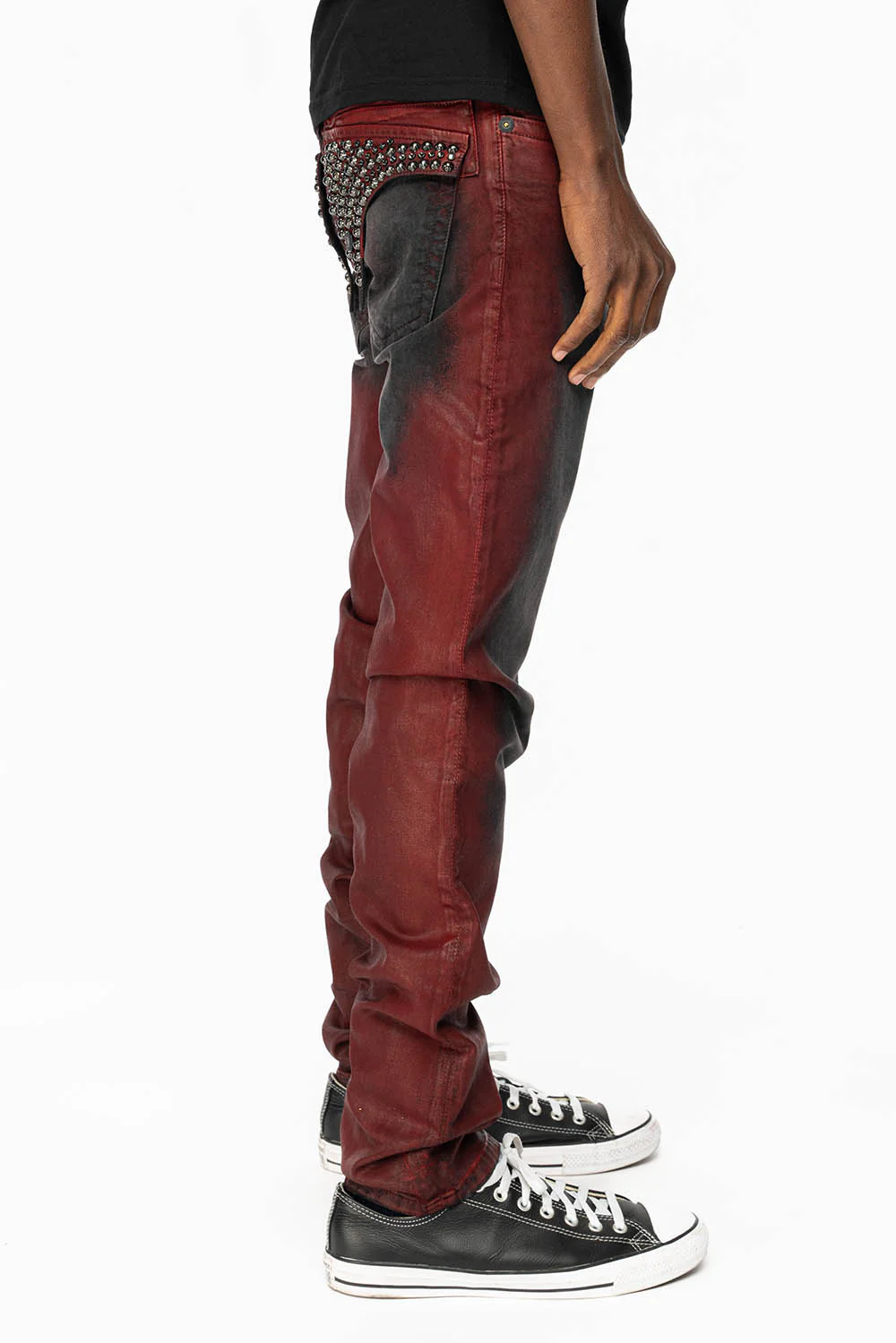 LONG FLAP SLIM FIT MENS JEANS WITH CRYSTALS & STUDS IN BLACK IRENE RED COATED WASH - Image 3