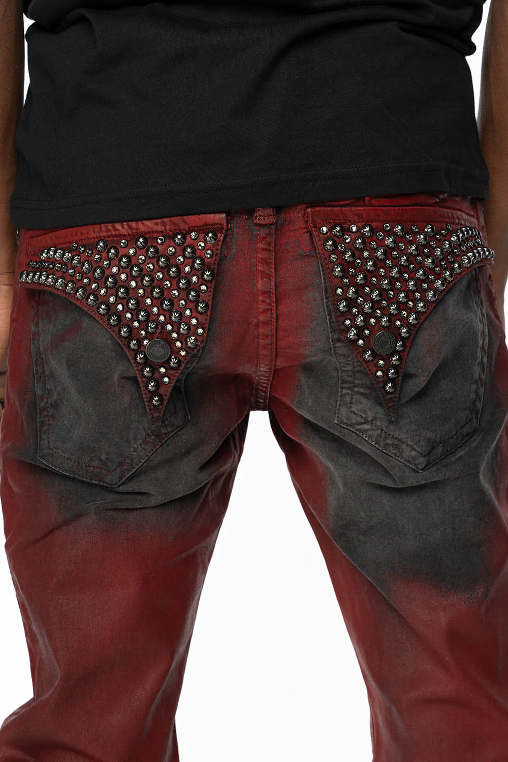 LONG FLAP SLIM FIT MENS JEANS WITH CRYSTALS & STUDS IN BLACK IRENE RED COATED WASH - Image 4