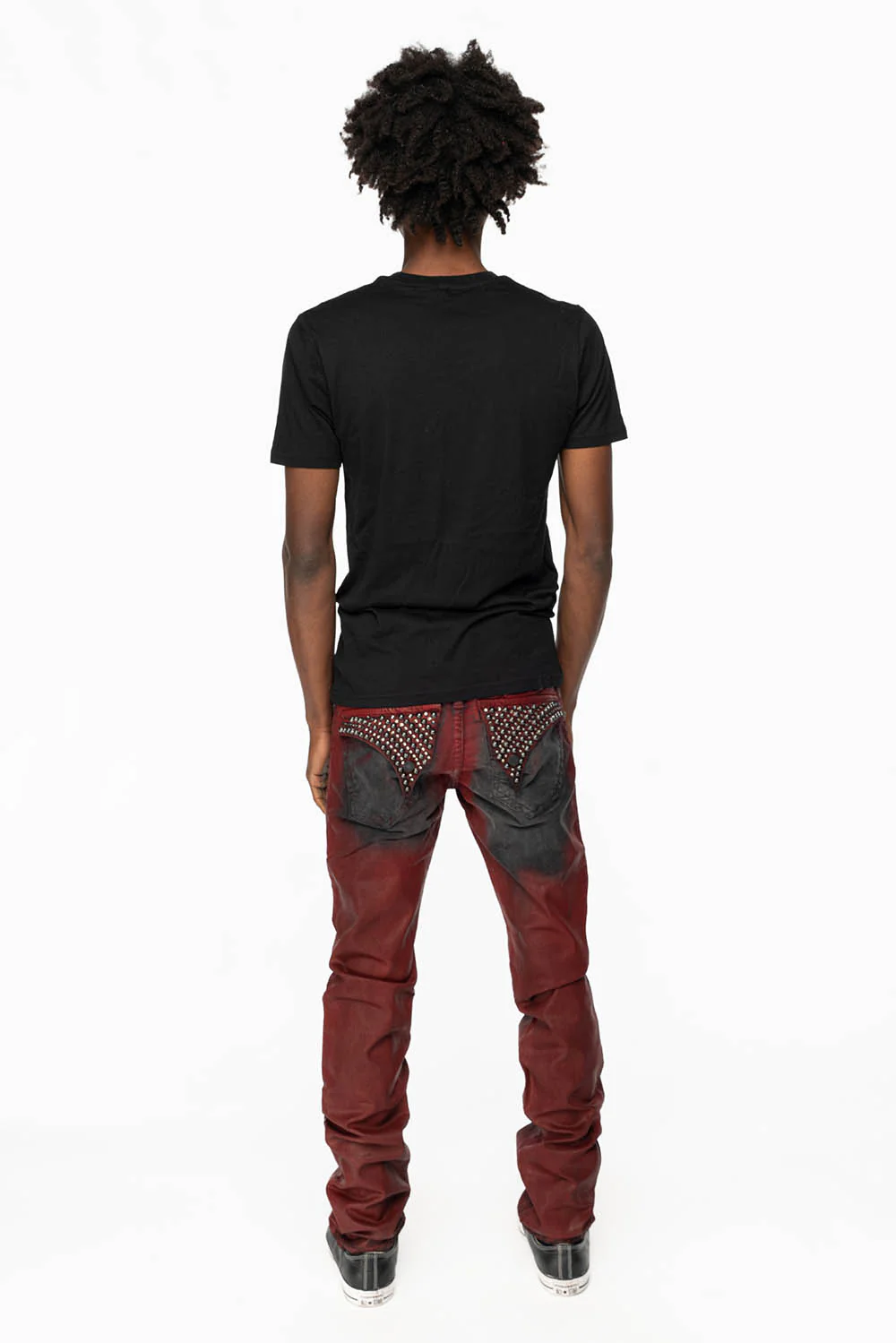 LONG FLAP SLIM FIT MENS JEANS WITH CRYSTALS & STUDS IN BLACK IRENE RED COATED WASH - Image 5