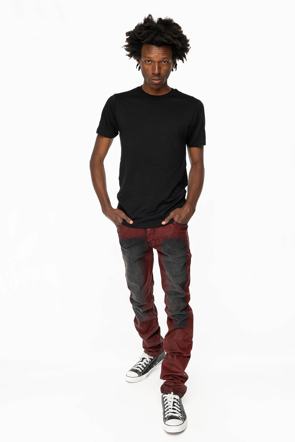 LONG FLAP SLIM FIT MENS JEANS WITH CRYSTALS & STUDS IN BLACK IRENE RED COATED WASH - Image 7
