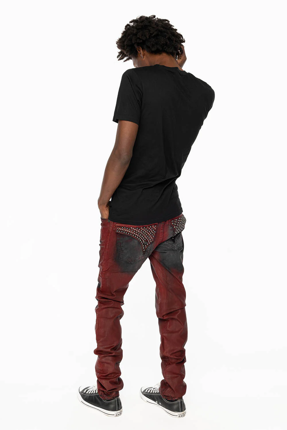 LONG FLAP SLIM FIT MENS JEANS WITH CRYSTALS & STUDS IN BLACK IRENE RED COATED WASH - Image 8