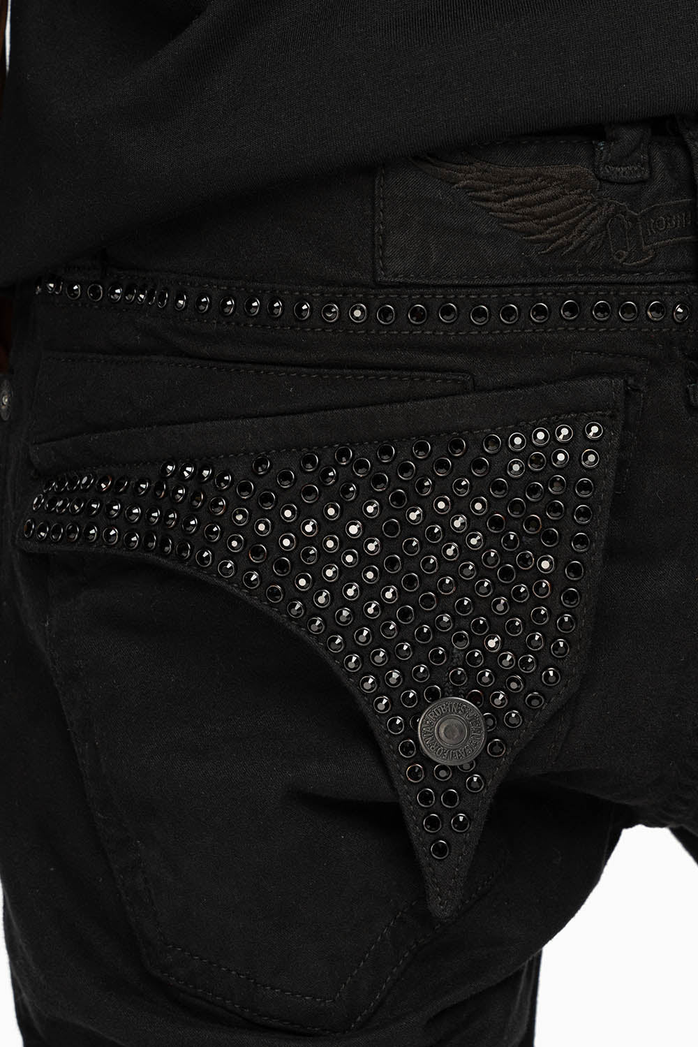 LONG FLAP SLIM FIT MENS JEANS WITH JET BLK CRYSTALS IN OVER-DYE BLACK - Image 3