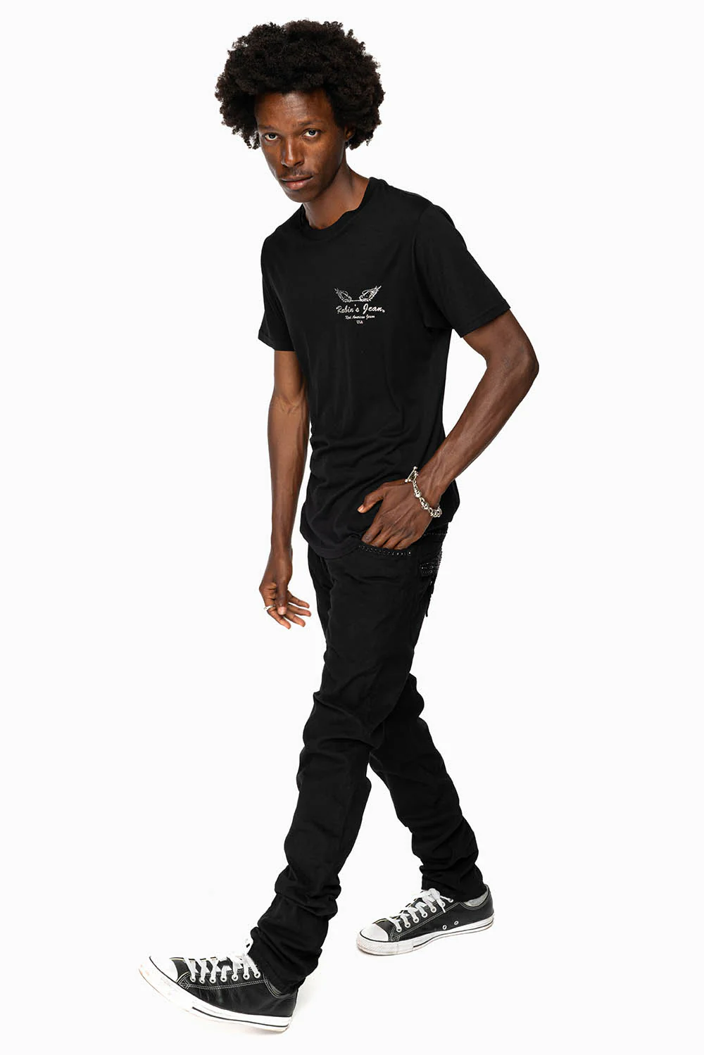 LONG FLAP SLIM FIT MENS JEANS WITH JET BLK CRYSTALS IN OVER-DYE BLACK - Image 5