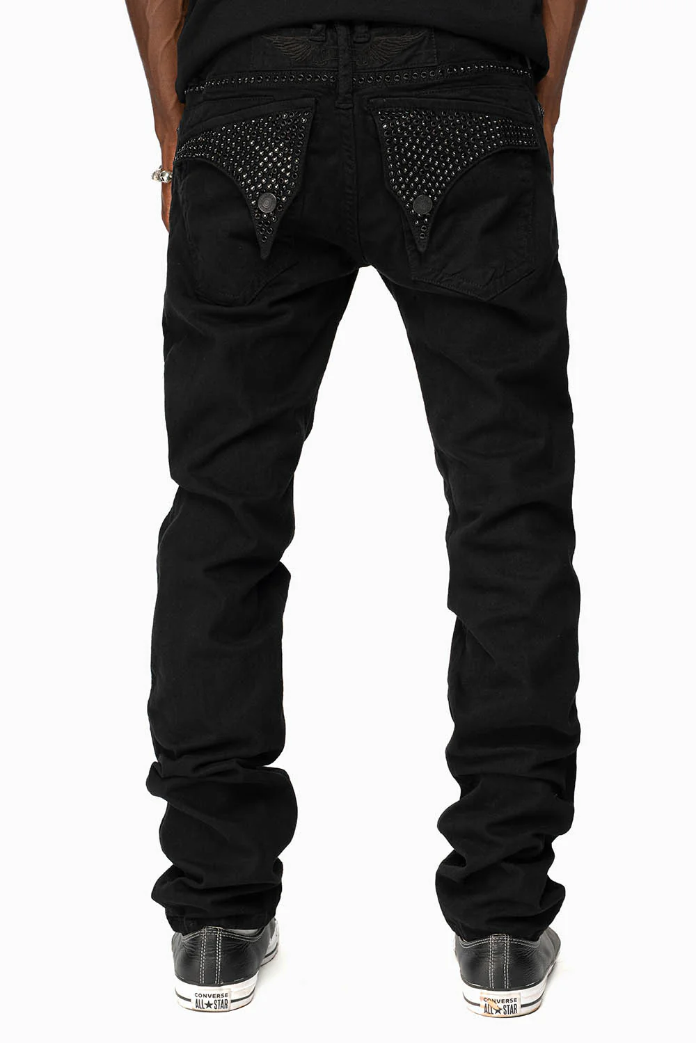 LONG FLAP SLIM FIT MENS JEANS WITH JET BLK CRYSTALS IN OVER-DYE BLACK - Image 6