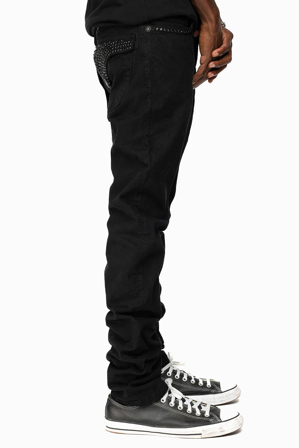 LONG FLAP SLIM FIT MENS JEANS WITH JET BLK CRYSTALS IN OVER-DYE BLACK - Image 7