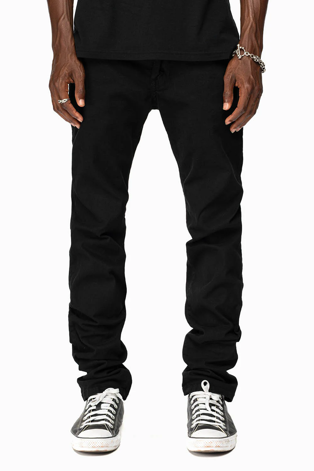 LONG FLAP SLIM FIT MENS JEANS WITH JET BLK CRYSTALS IN OVER-DYE BLACK - Image 8