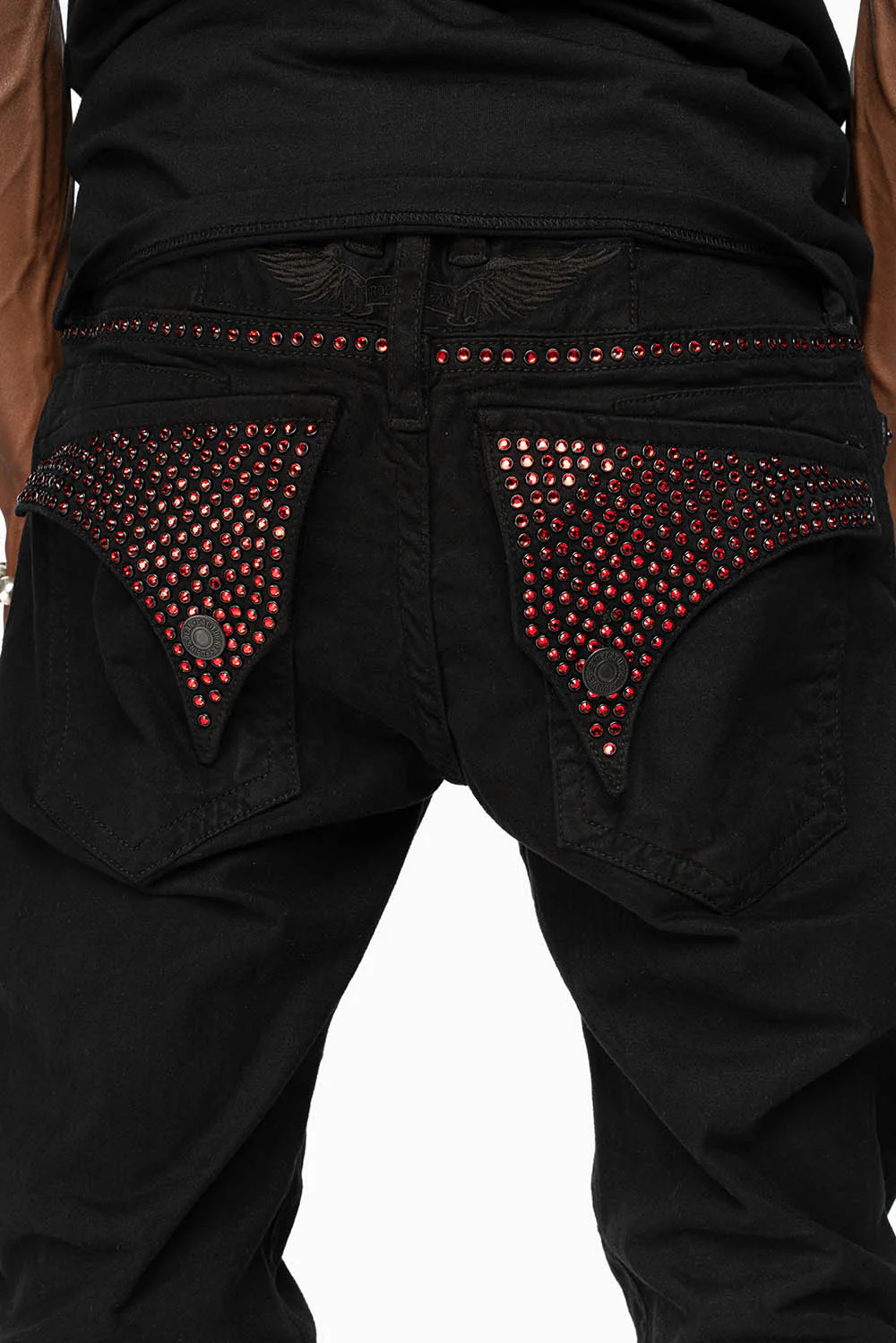 LONG FLAP SLIM FIT MENS JEANS WITH RED CRYSTALS IN OVER-DYE BLACK - Image 3