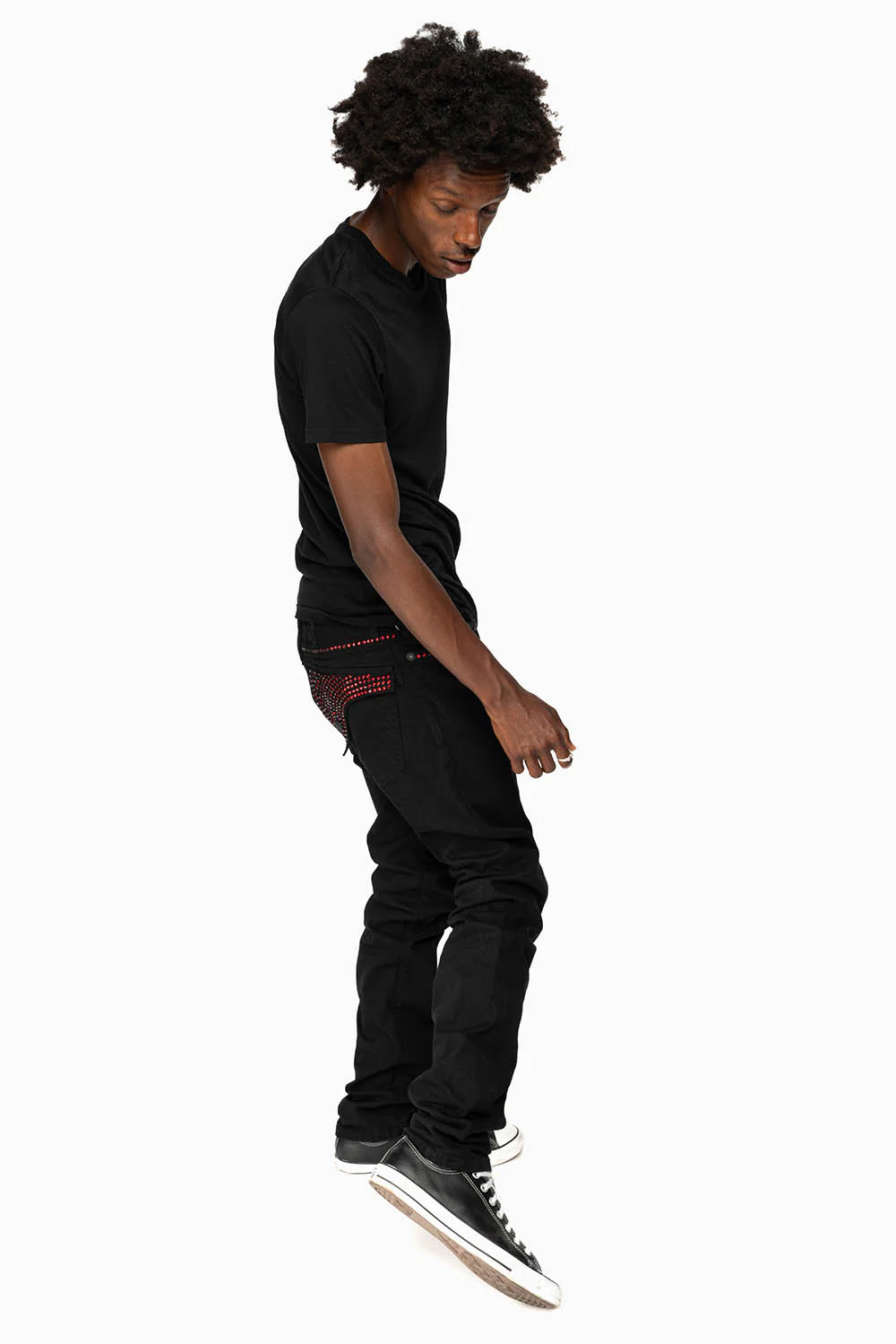 LONG FLAP SLIM FIT MENS JEANS WITH RED CRYSTALS IN OVER-DYE BLACK - Image 4