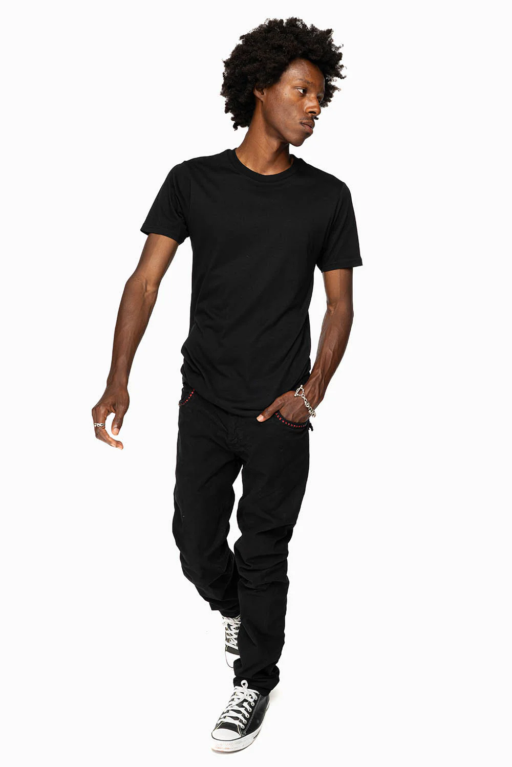LONG FLAP SLIM FIT MENS JEANS WITH RED CRYSTALS IN OVER-DYE BLACK - Image 5