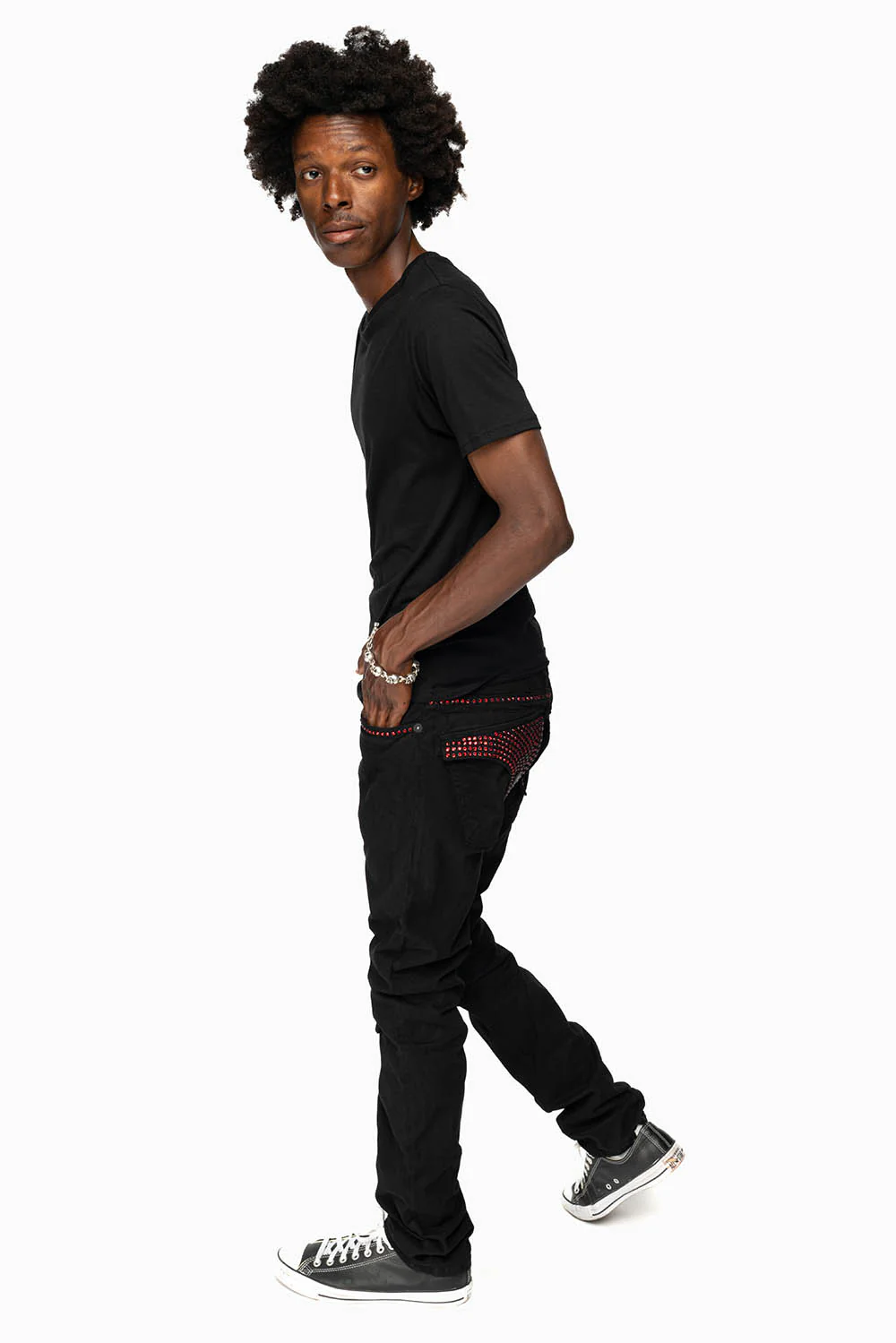 LONG FLAP SLIM FIT MENS JEANS WITH RED CRYSTALS IN OVER-DYE BLACK - Image 6