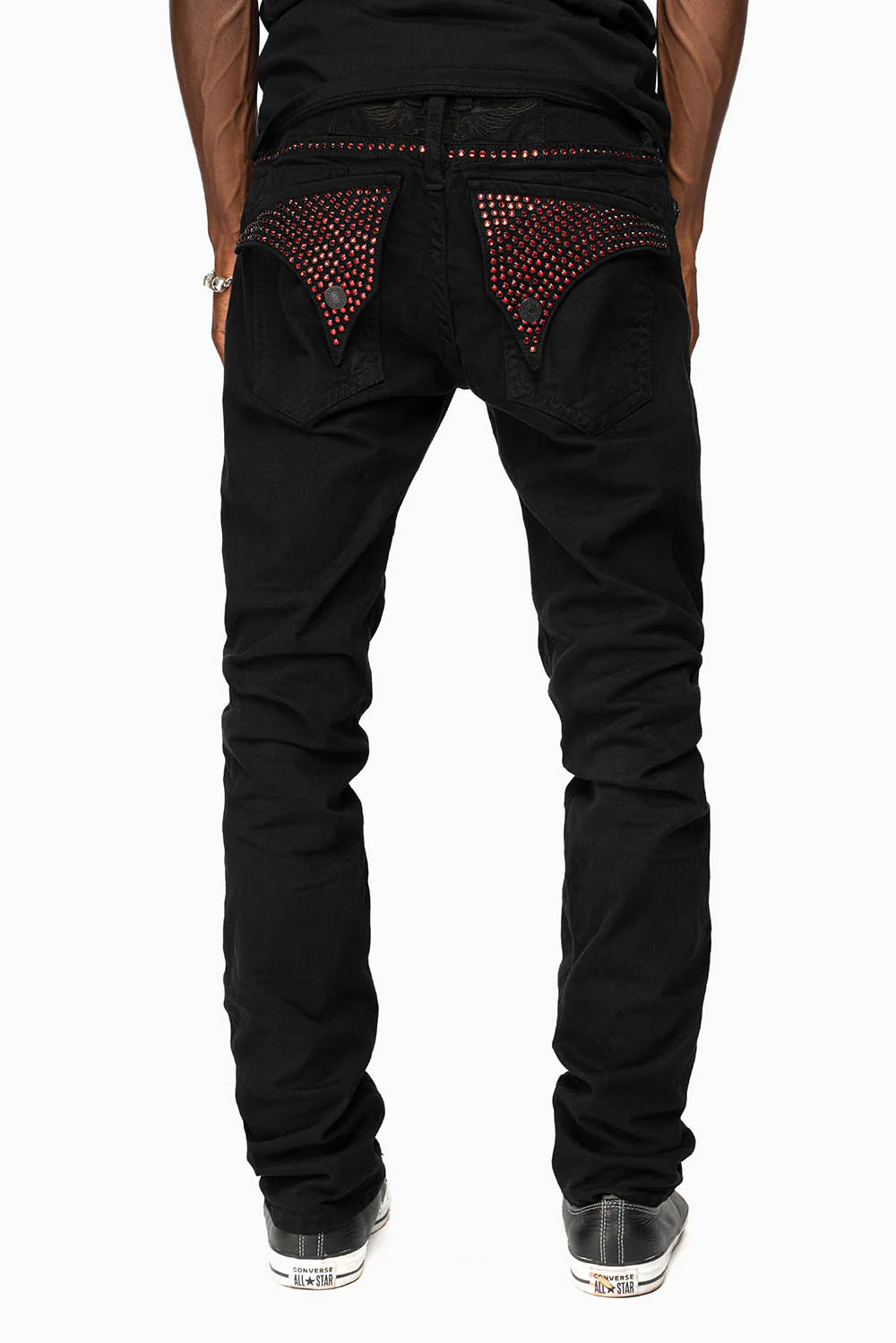LONG FLAP SLIM FIT MENS JEANS WITH RED CRYSTALS IN OVER-DYE BLACK - Image 7
