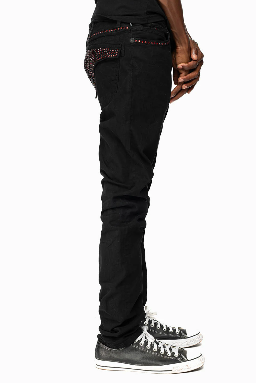 LONG FLAP SLIM FIT MENS JEANS WITH RED CRYSTALS IN OVER-DYE BLACK - Image 8