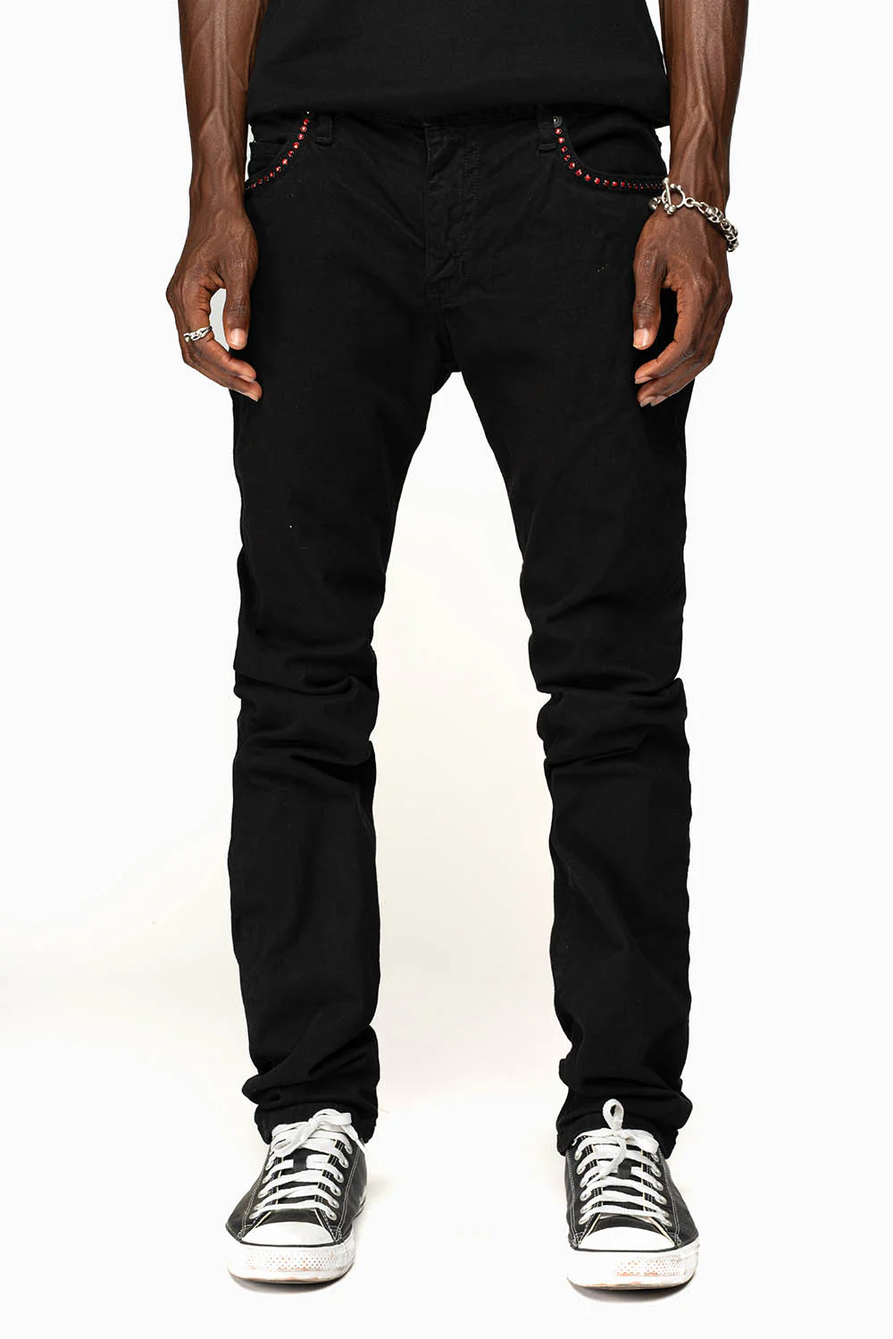 LONG FLAP SLIM FIT MENS JEANS WITH RED CRYSTALS IN OVER-DYE BLACK - Image 9
