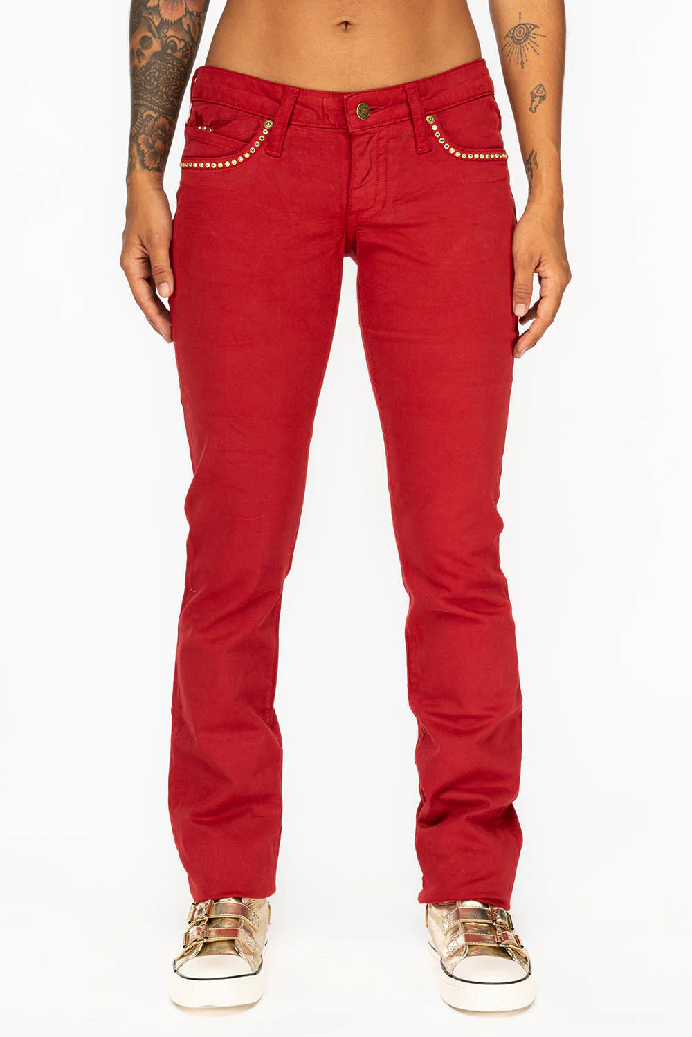 LOW RISE WOMENS JEANS IN BURGUNDY WITH CLEAR CRYSTAL - Image 4