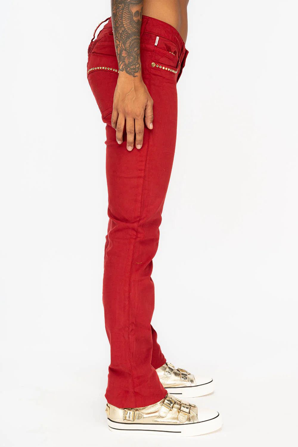LOW RISE WOMENS JEANS IN BURGUNDY WITH CLEAR CRYSTAL - Image 5