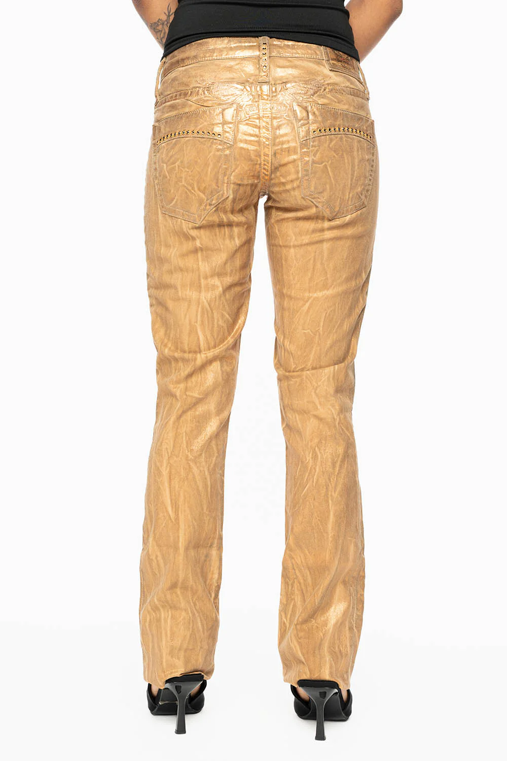 MARILYN LOW RISE WOMENS JEANS IN BRONZE FOIL  WITH TONAL WINGS & SMOKY TOPAZ CRYSTALS - Image 5