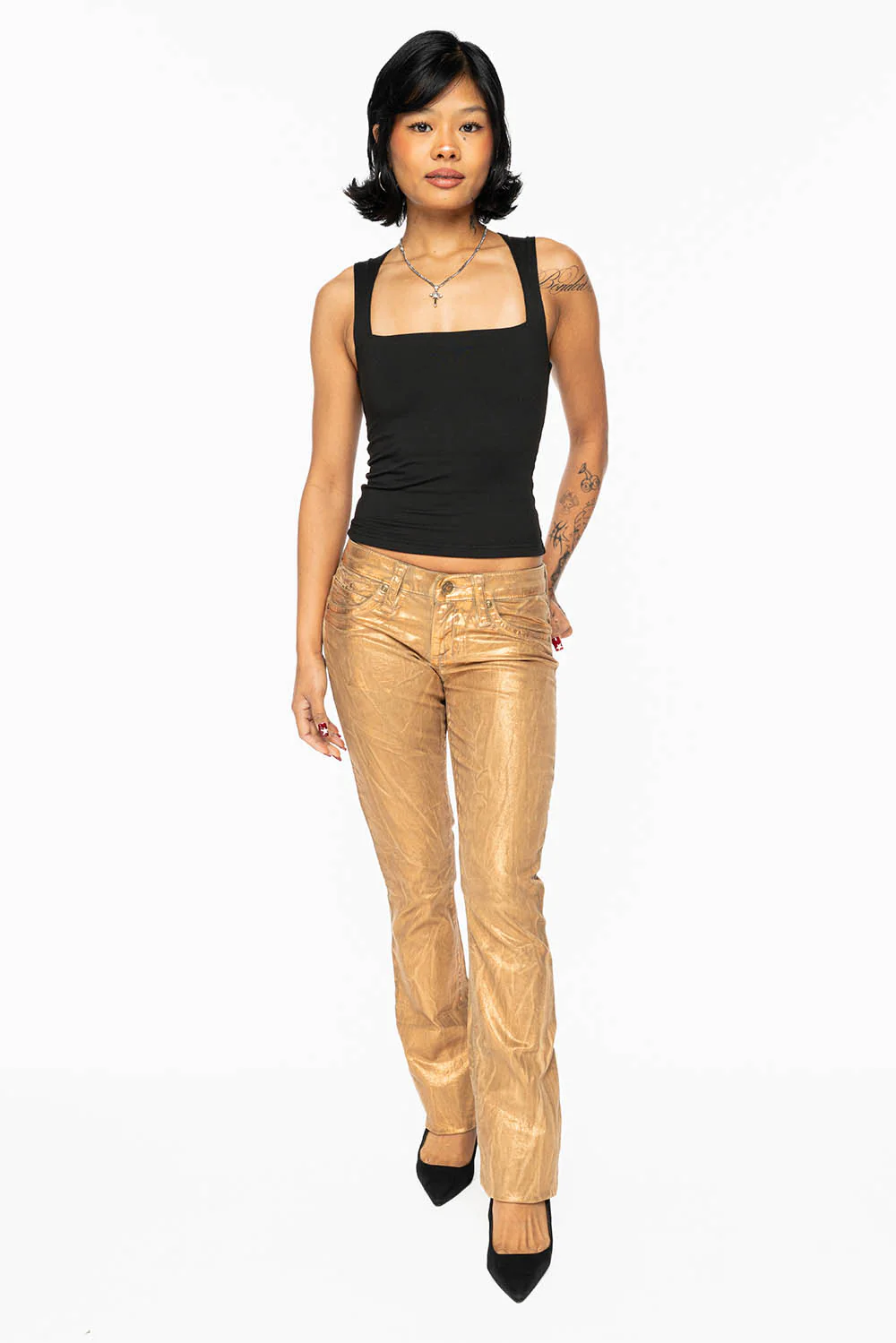 MARILYN LOW RISE WOMENS JEANS IN BRONZE FOIL  WITH TONAL WINGS & SMOKY TOPAZ CRYSTALS - Image 7