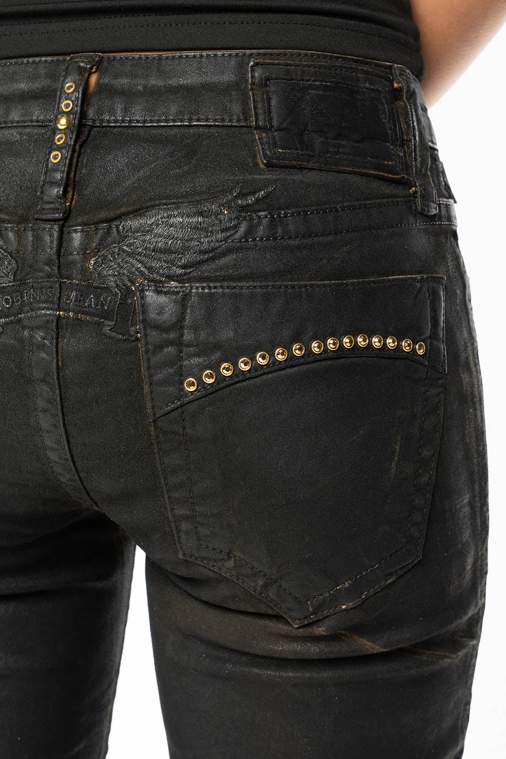 MARILYN LOW RISE WOMENS JEANS IN CUIR BLK  WITH TONAL WINGS & AURUM CRYSTALS - Image 4