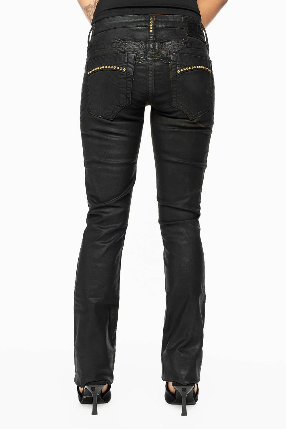 MARILYN LOW RISE WOMENS JEANS IN CUIR BLK  WITH TONAL WINGS & AURUM CRYSTALS - Image 5
